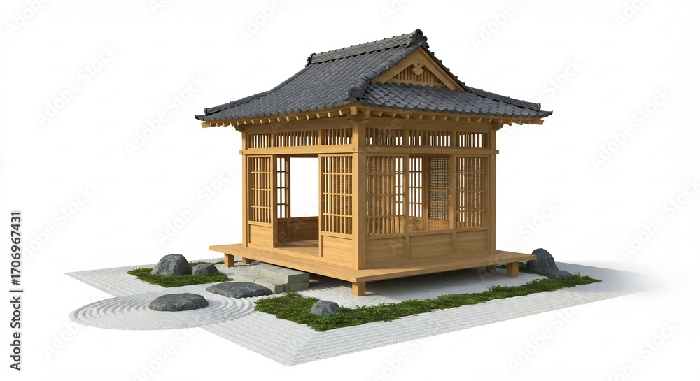 Fototapeta premium 静かな庭の美しい木造茶室 柔らかな光に包まれて. AI Generated