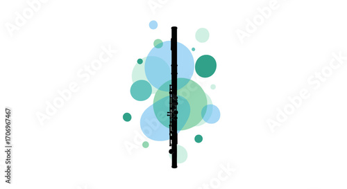 A close-up view of a black flute surrounded by blue and green circles on a white background, celebrating International music Day with a calming and artistic mood.