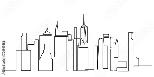 Continuous line drawing of a modern city skyline, featuring a variety of tall skyscrapers with unique architectural styles and sharp, clean lines. The simple black-on-white design urban and structure.