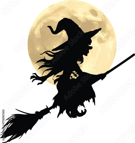 halloween witch flying on broom