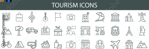 “Tourism Icons – Outline Vector of Travel, Landmarks, Hospitality, Adventure, and Cultural Souvenirs”