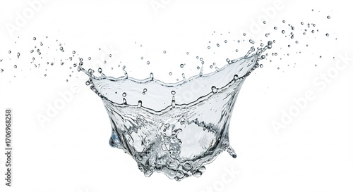 透明な水の躍動感 きらめく水しぶき 背景白 (Toumei na mizu no yakudoukan kirameku mizishibuki haikei shiro) Translation: Transparent water's dynamism, sparkling water splash, white background.. AI Generated