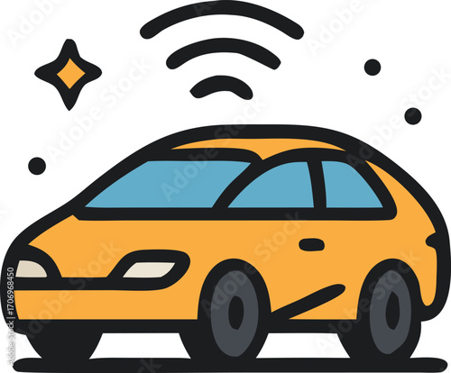 Transport driverless yellow car depicts future connectivity with symbol above roof ideal for technology, transportation, innovation concepts in design projects.