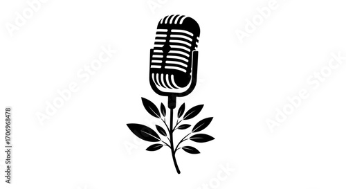 Black silhouette of a vintage microphone with a leafy branch on a white background, symbolizing International music Day with a simple graphic design.