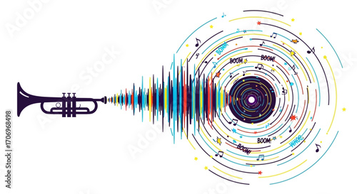 Graphic illustration of a trumpet emitting colorful sound waves and musical notes on International music Day against a clean white background.
