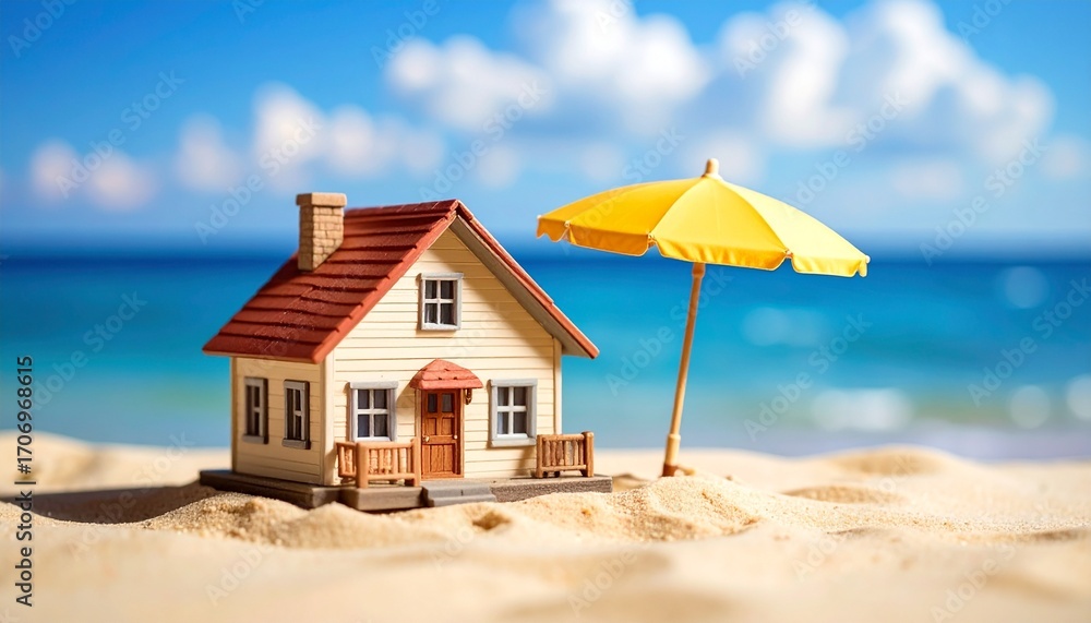 Obraz premium A beach scene featuring a miniature house and umbrella, with the blue sea and sky blurred in the background, represents a happy holiday home for families, embodying concepts of real estate, property