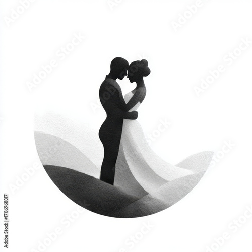 Romantic couple silhouette lovingly embracing within a circular frame against a white background
