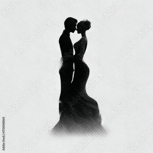 Loving couple silhouette intimately embracing against a textured white background