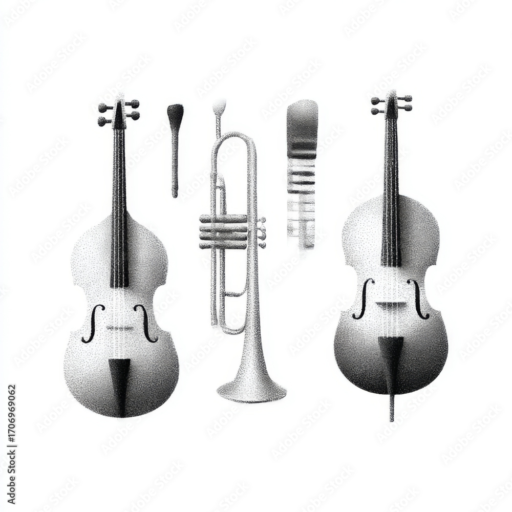 Naklejka premium Orchestral musical instruments stipple illustration, black and white, representing classical music and jazz