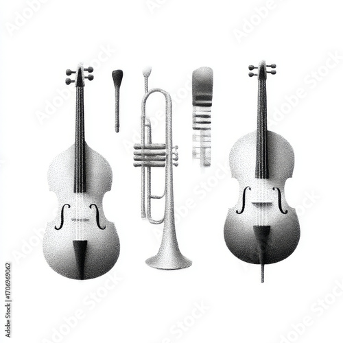 Orchestral musical instruments stipple illustration, black and white, representing classical music and jazz