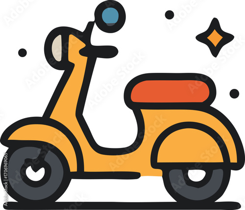 Transporting on a yellow scooter with black tires and a brown seat. Ideal for travel, urban commuting, transportation, city life concepts.