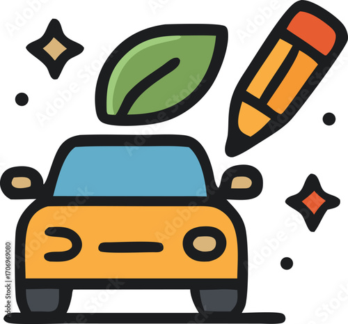 Transport car leaf stars pencil ecofriendly creative ideas. Great for environmental blogs, transportation businesses, and sustainable travel concepts.