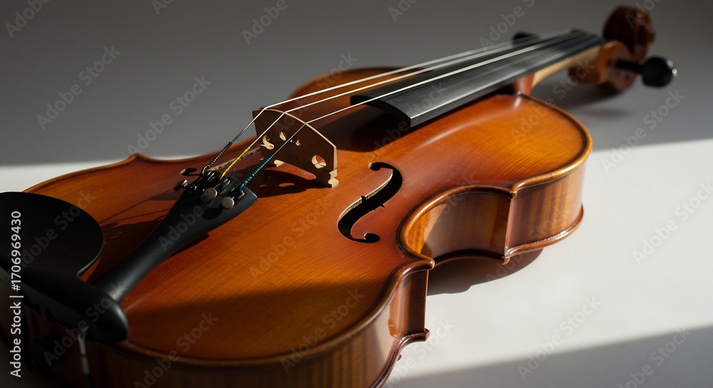Fototapeta premium 輝く木目 美しいバイオリン 柔らかな光 静寂の音色. AI Generated