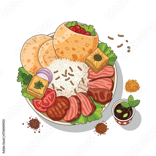 Delicious Mediterranean and Middle Eastern platter featuring succulent grilled meats, fragrant rice, fresh salad, and traditional flatbread, a complete gourmet meal