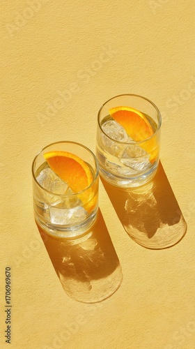 Two Glasses of Refreshing Cocktails with Orange Slices on Yellow Background.