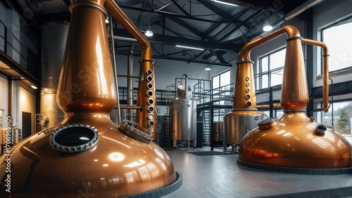 Copper stills in distillery production facility