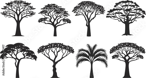 Eight diverse tree silhouettes in black and white nature