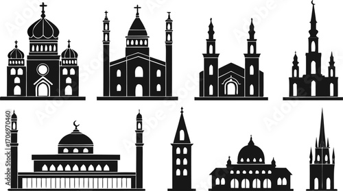 Eight Silhouette Icons of Religious Buildings church
