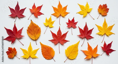 鮮やか紅葉 秋葉散る 白背景 上品な色彩. AI Generated