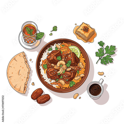 Delicious and colorful depiction of Middle Eastern food, including a savory dish with meat and nuts, served with rice, flatbread, dates, and a sweet pastry