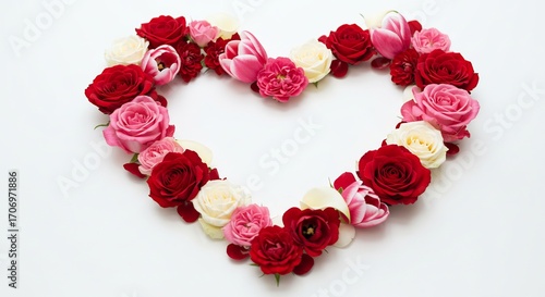 優美なバラの花束 心形に咲く 愛らしいピンク赤白 (Yuubina bara no hanataba shinkei ni saku irashī pinku aka shiro) Translation: Elegant rose bouquet, blooming in a heart shape, lovely pink, red, and white.. AI Generated