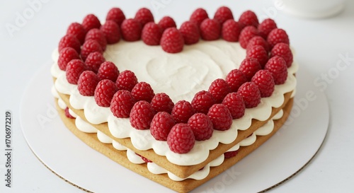 甘く輝くラズベリーのハート型ケーキ 美しい層とクリーム. AI Generated