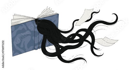 An octopus emerges from an open blue book with pages flying out, on a white background with a whimsical feel.