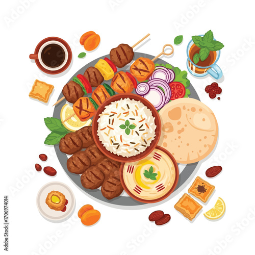 A delicious and authentic Middle Eastern feast platter with grilled meats, rice, hummus, and pita bread, perfect for sharing