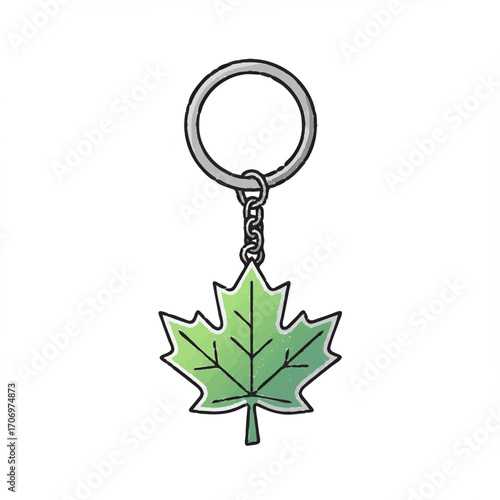Flat vector illustration of a keychain with maple leaf charm, designed in a minimalist autumn style.