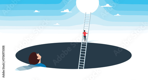 Man climbs ladder out of dark hole towards bright light symbolizing hope opportunity and future