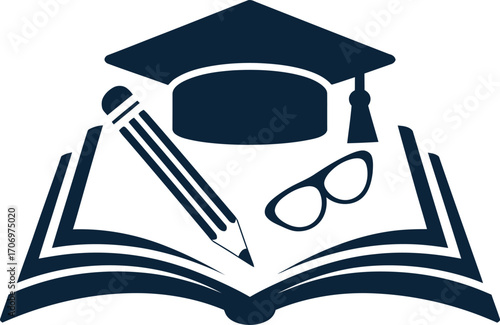 Education symbol with graduation cap, book, and glasses. A stylized graphic representation of an open book with a graduation cap, a pencil, and glasses placed on top.
