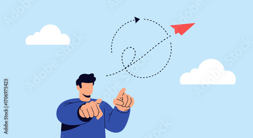 Illustrating the journey of ideas and innovation guided by a visionary leader and paper airplane metaphor