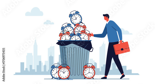 Businessman discards pile of alarm clocks in trash bin against city skyline