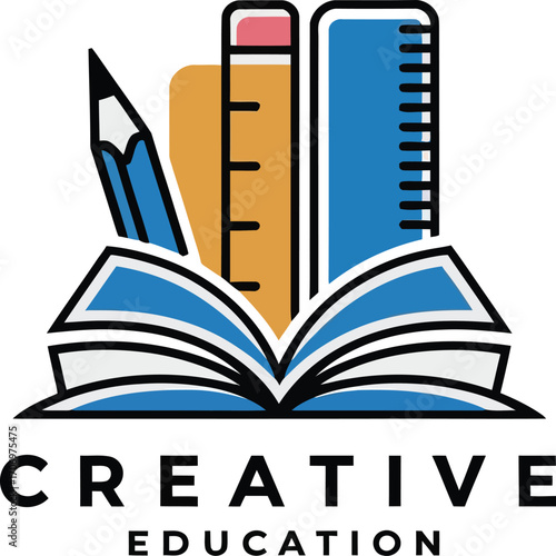 Creative Education Logo Featuring Open Book with Ruler and Pencil. This vibrant logo depicts an open book with a pencil and ruler nestled within its pages.