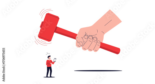 Giant fist threatens tiny person holding cell phone with red sledgehammer