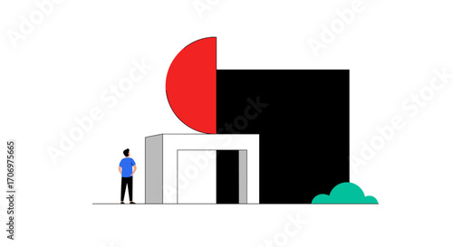 Geometric architectural design featuring a person contemplating a minimalist modern structure with abstract art elements