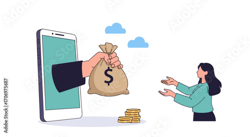 Digital money transfer using a mobile phone for financial transactions and online payments illustration