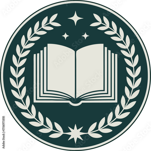 Elegant Educational Crest with Open Book and Laurel Wreath, A stylized, circular emblem showcasing an open book nestled within a laurel wreath.
