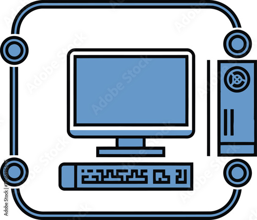 Simple Line Art Illustration of a Desktop Computer Setup, This flat, stylized line art image depicts a desktop computer setup.