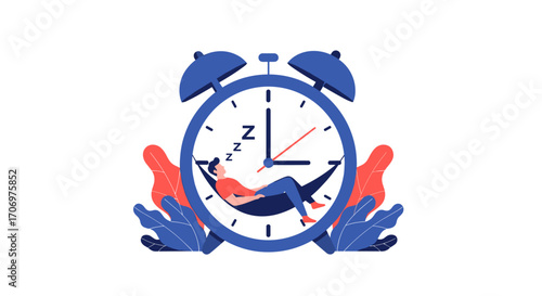 Person resting in a hammock inside a large alarm clock representing time for sleep and relaxation