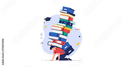 Student overwhelmed by immense stack of books and educational materials facing difficult academic challenge