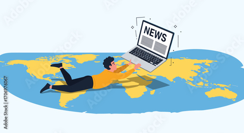 Man on a global map reaching for a laptop showing news headlines representing worldwide information access