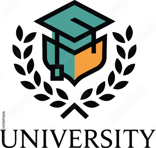 University Logo with Graduation Cap and Laurel Wreath, A stylized logo for a university, featuring a graduation cap atop a shield, encircled by a laurel wreath.