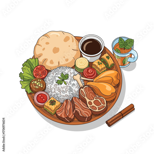 Delicious Middle Eastern Meal Rice, Meat, and Flatbread