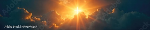 A symbolic image depicting the concept of Christian salvation; a bright light shining through dark clouds, representing hope and redemption ,  sacrifice,  heaven