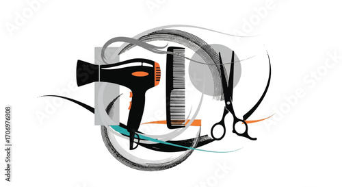 Graphic illustration of hair care tools for National Hair Day, featuring a blow dryer, comb, and scissors in a stylized composition with swirling lines and vibrant accents.