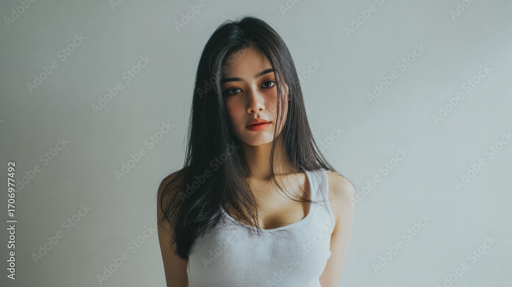 Naklejka premium Glowing skin and a natural smile under gentle lighting reflect emotional authenticity and the fresh faced purity of high end beauty.