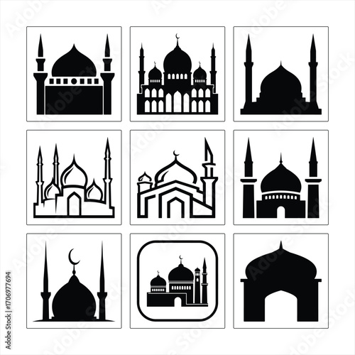 Collection Of Distinct Mosque Icons Depicting Islamic Architecture In Black And White Silhouette Vector Graphics