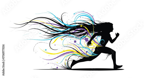 Silhouette of a woman running with colorful, flowing hair strands on National hair Day against a clean white background with a dynamic mood.