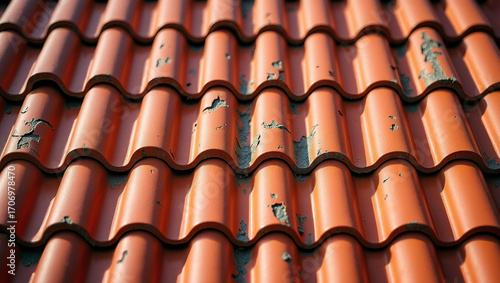 Close-up of red-tiled roofs, vivid and dazzling in color. Some tiles bear the marks of time, telling tales of the vicissitudes of passing years